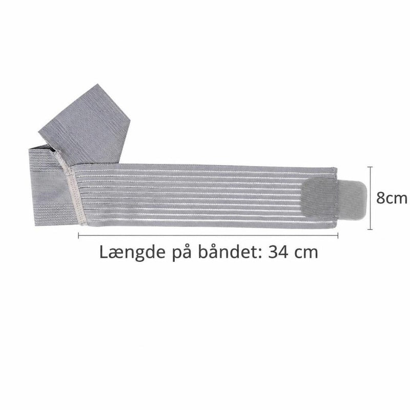 Grå elastisk ankelstøtte med rem, vist med længde 34 cm og bredde 8 cm