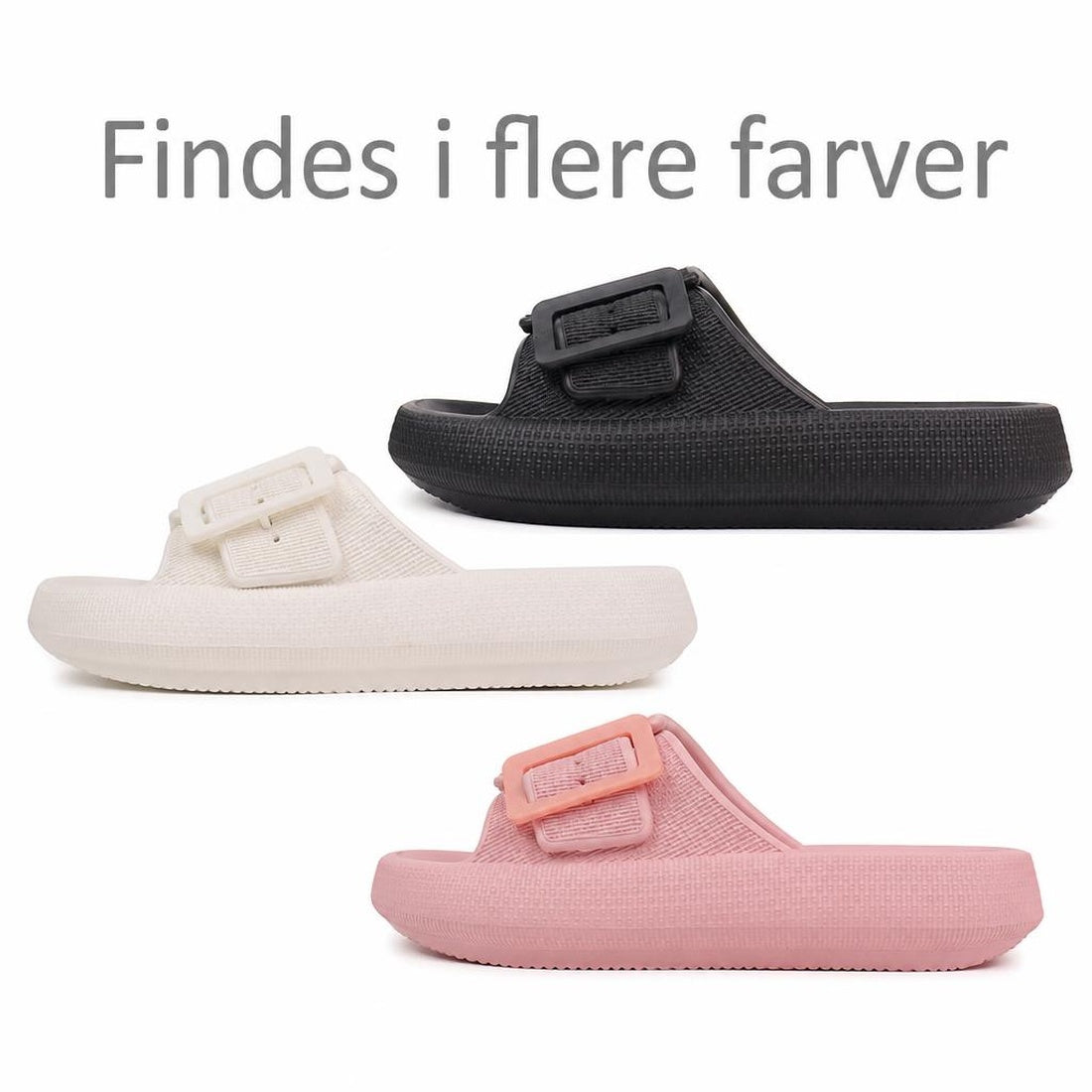 Justerbare cloud-tøfler i hvid, sort og rosa med spænde