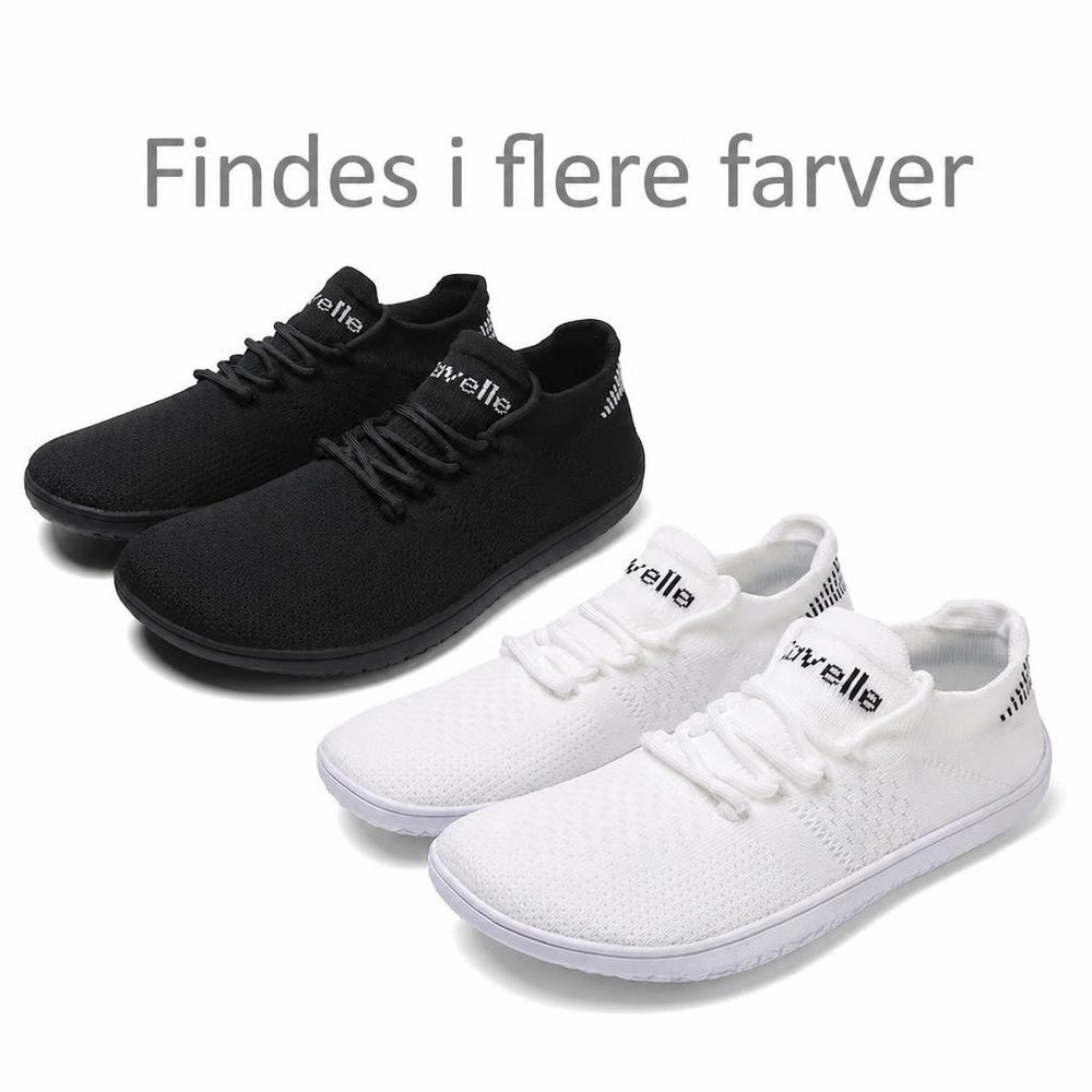 Sorte og hvide Ventra barfodssko med snørebånd og tekst om flere farver