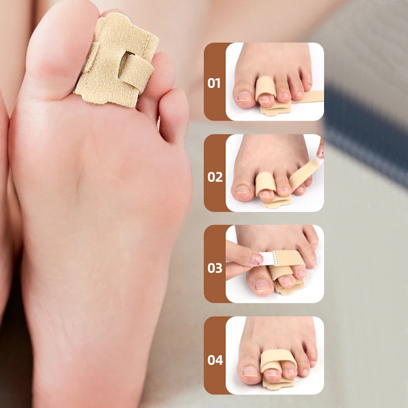 Beige hammertå-støtte med tåpude på fod, vist i fire trin
