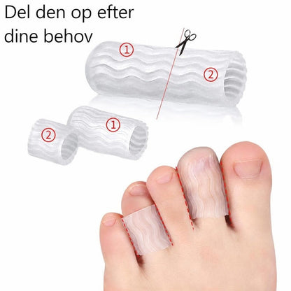Gennemsigtige tåbeskyttere med bølgemønster, vist hele, klippede og på tæer