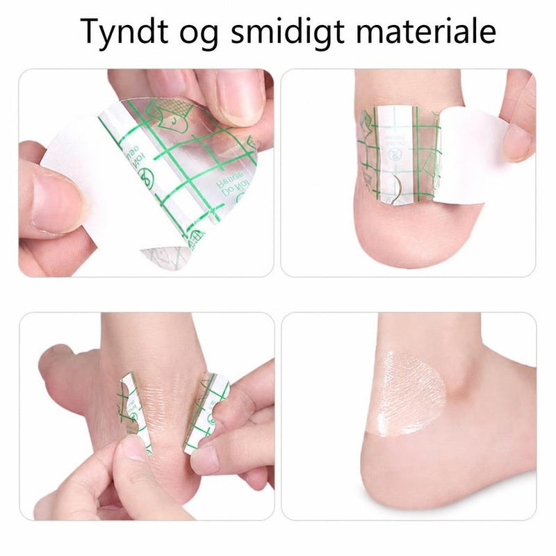 Tyndt, gennemsigtigt skavsårsplaster påføres hælen i fire trin