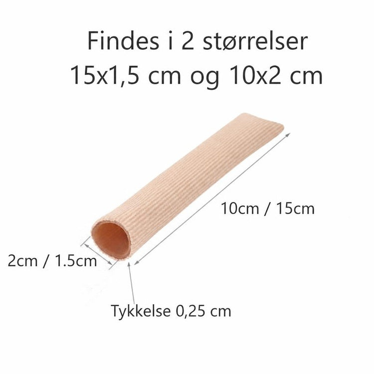 Beige tåhætte med blød gel, vist med mål i to størrelser