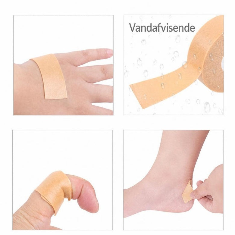Beige skumtape mod skoskav på rulle, vist på hånd, finger og hæl