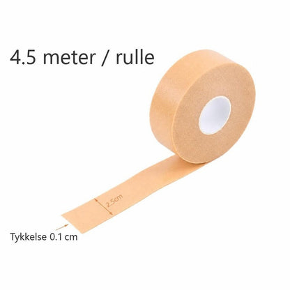 Beige skumtape på rulle med mål for længde, bredde og tykkelse