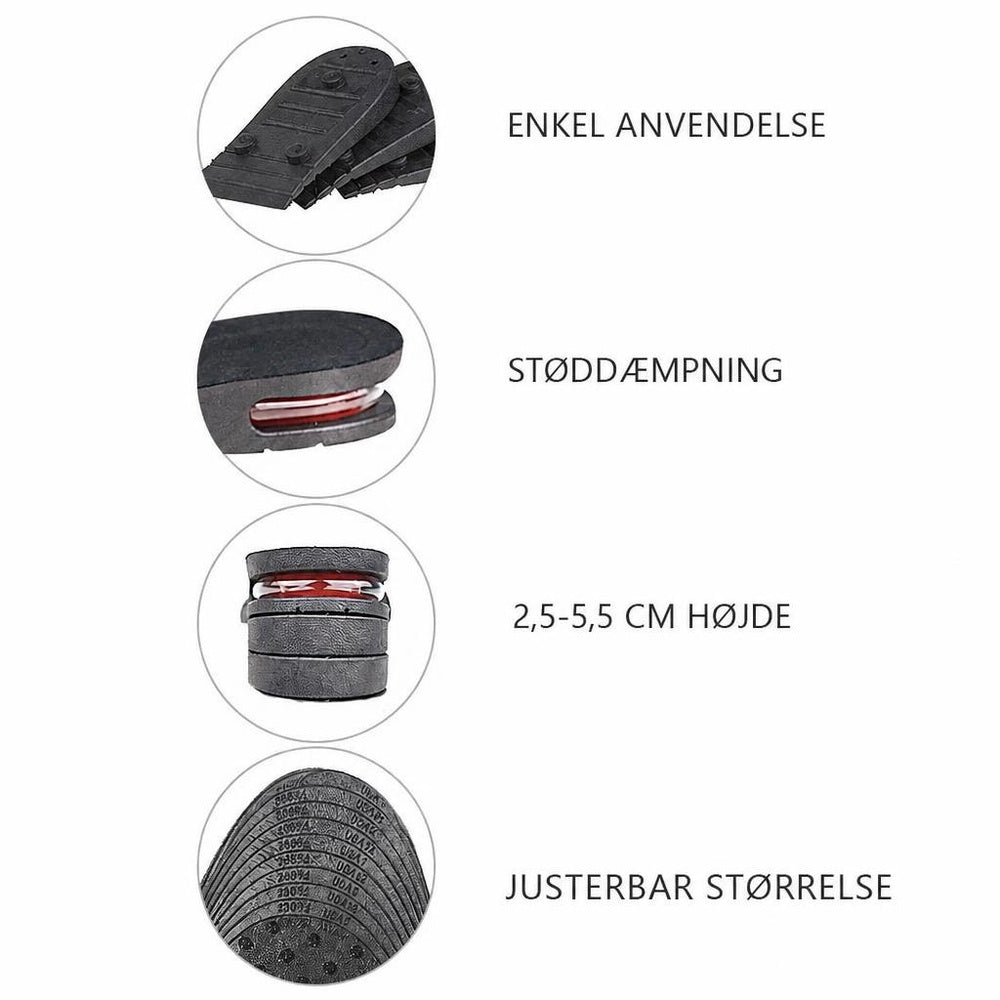 Sorte hælindlæg med justerbare lag og rød støddæmpende indsats