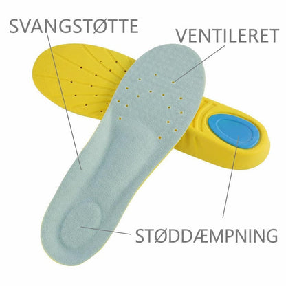Lyseblå og gule skoinlæg med ventilationshuller og blå hælpude
