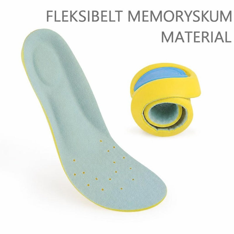 Blåt og gult skoinlæg i memoryskum, vist fladt og sammenrullet