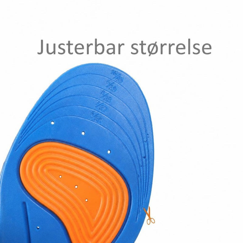 Blåt skoindlæg med orange stødpude og klippelinjer til størrelsestilpasning