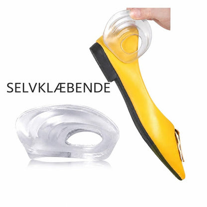 Gennemsigtigt selvklæbende hælindlæg placeres i en gul sko