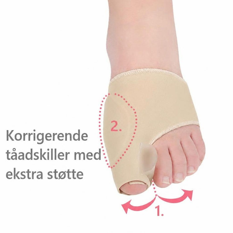 Beige hallux valgus-støtte med tåseparator på fod