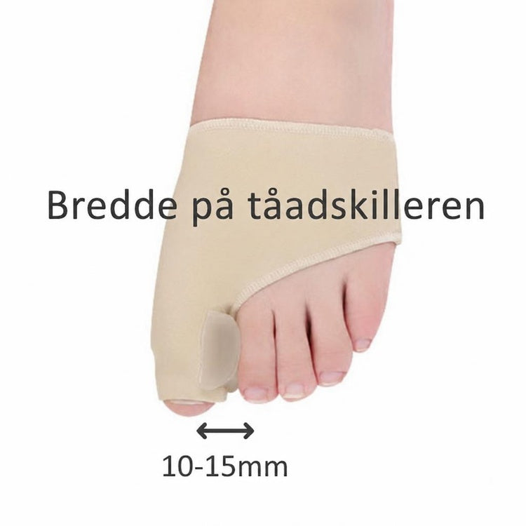 Beige hallux valgus-støtte med tåseparator på fod, bredde 10-15 mm