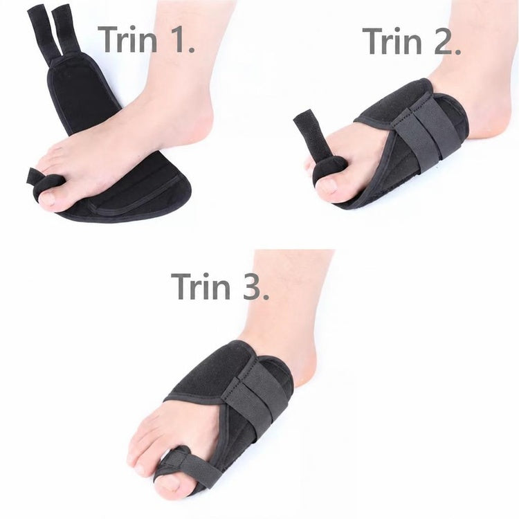 Sort hallux valgus støtteskinne i tekstil vist i tre trin