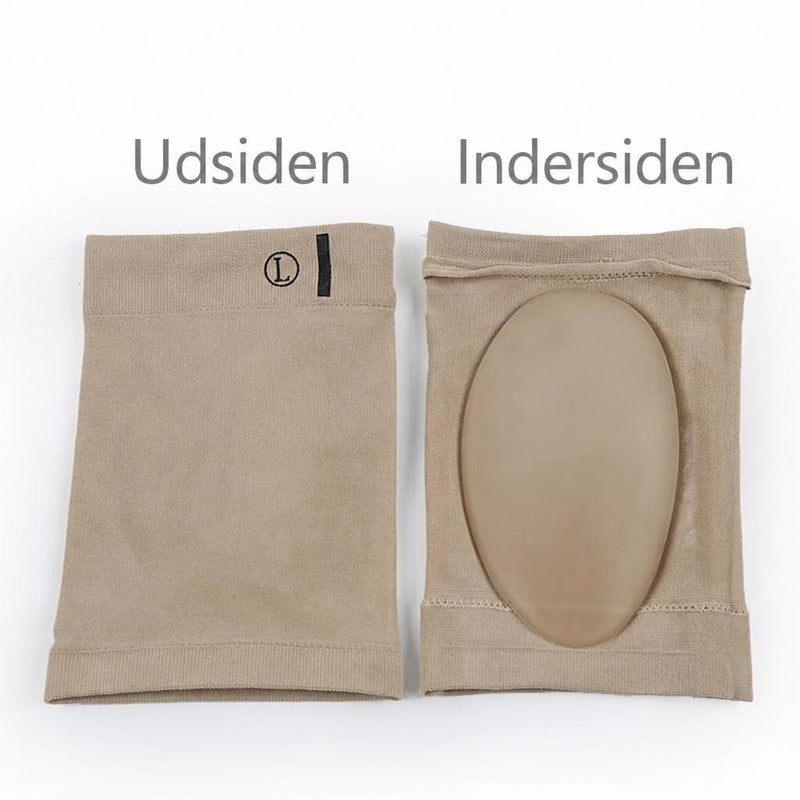 Beige strømpe med svangstøtte, yderside og inderside med oval gelpude