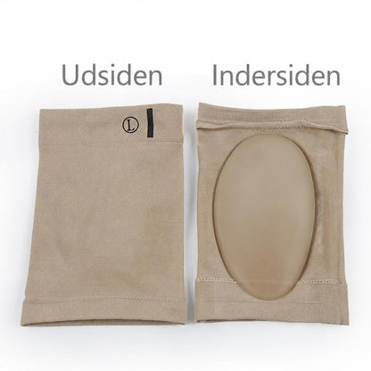 Beige strømpe med svangstøtte, yderside og inderside med oval gelpude