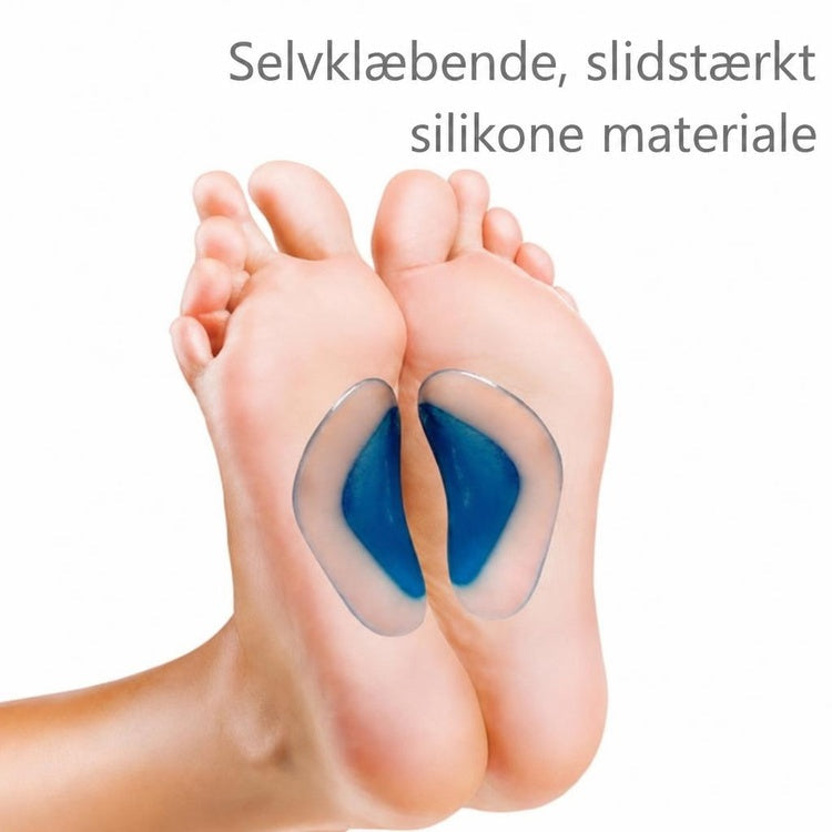 Selvklæbende gelpuder med blå svangstøtte placeret under fødderne