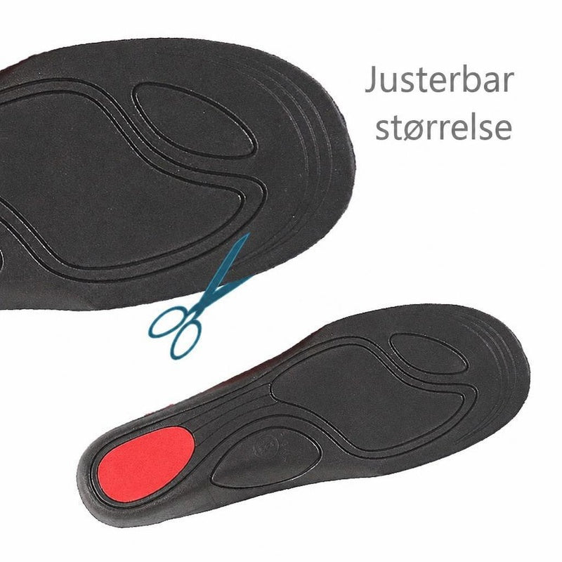 Sort skoinlæg med rød hælpude og markeringer til justerbar størrelse