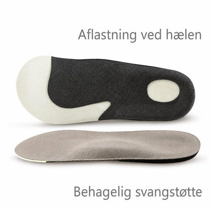 To halvlange skoinlæg med hælaflastning og gråt stofbetræk