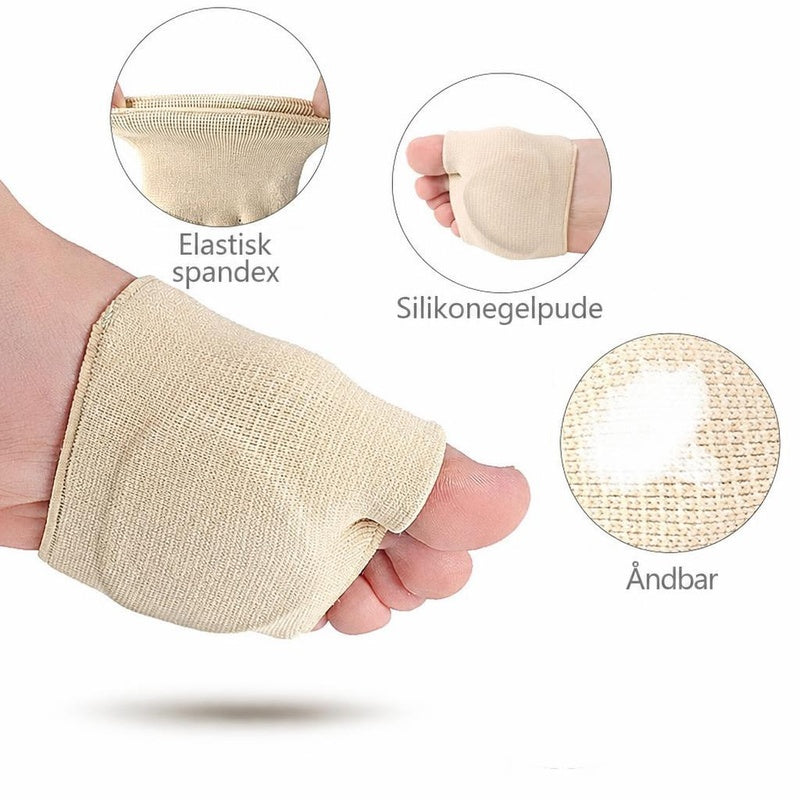 Beige forfodsbeskytter med silikonegelpude vist på fod med materialedetaljer