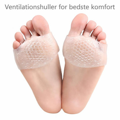 Fødder med gennemsigtige silikone-forfodspuder med ventilationshuller