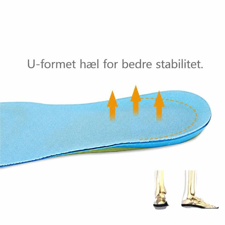 Blå gel-indlægssål med U-formet hæl og orange pile