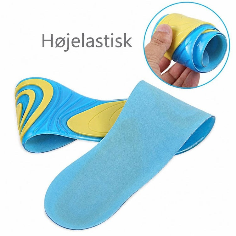 Blå og gule gelindlægssåler, bøjet og rullet for at vise elasticitet