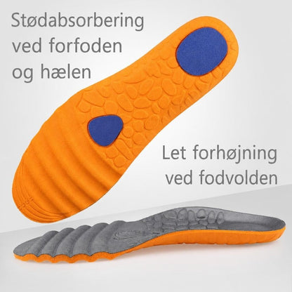 Orange og grå skoinlæg med blå puder og struktureret underside