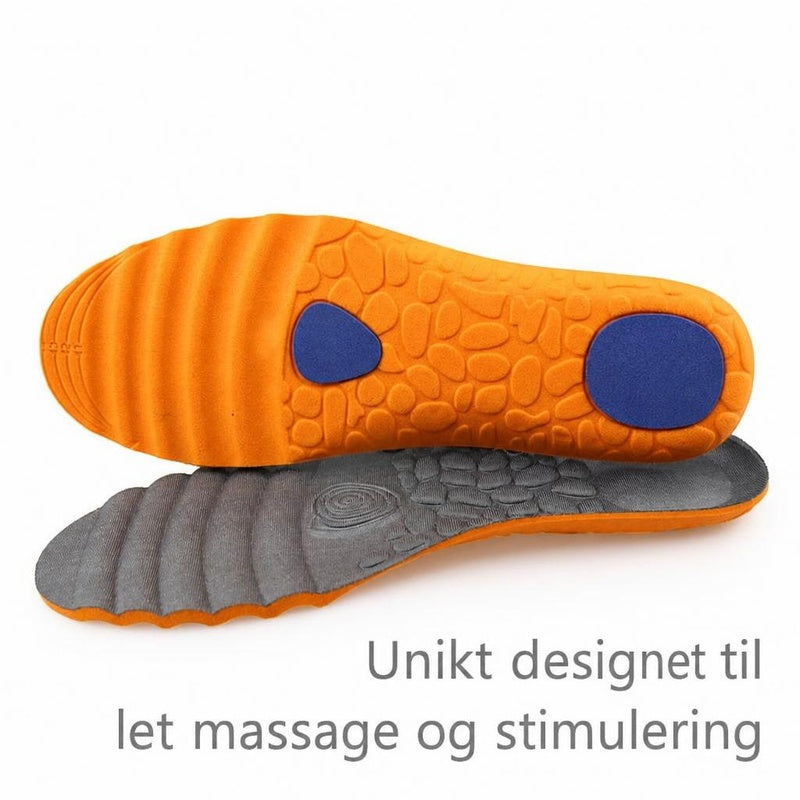 Orange og grå skoindlæg med tekstureret overflade og blå puder