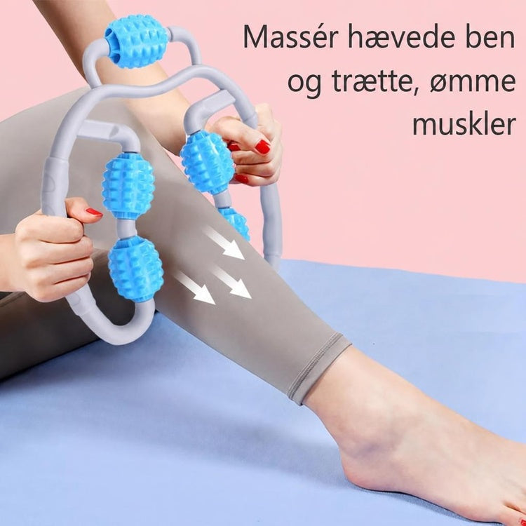 Blå og grå massagerulle bruges på underbenet