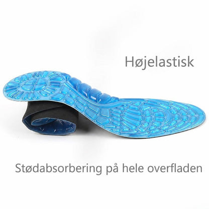 Blåt gel-skoindlæg bøjet over en sort rulle med mønstret overflade
