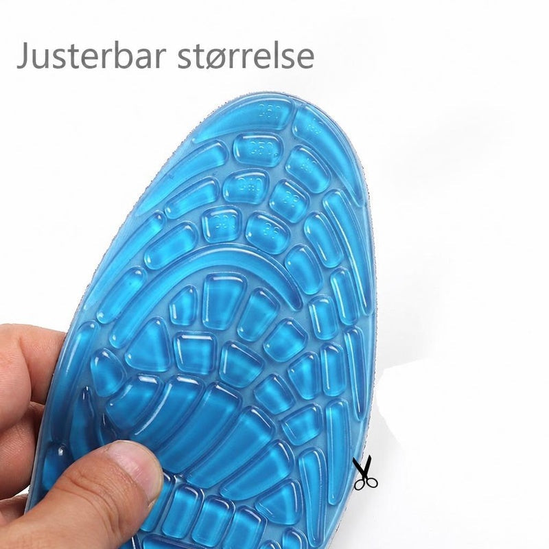 Blåt gel-skoinlæg med mønster og justerbar størrelse i hånden