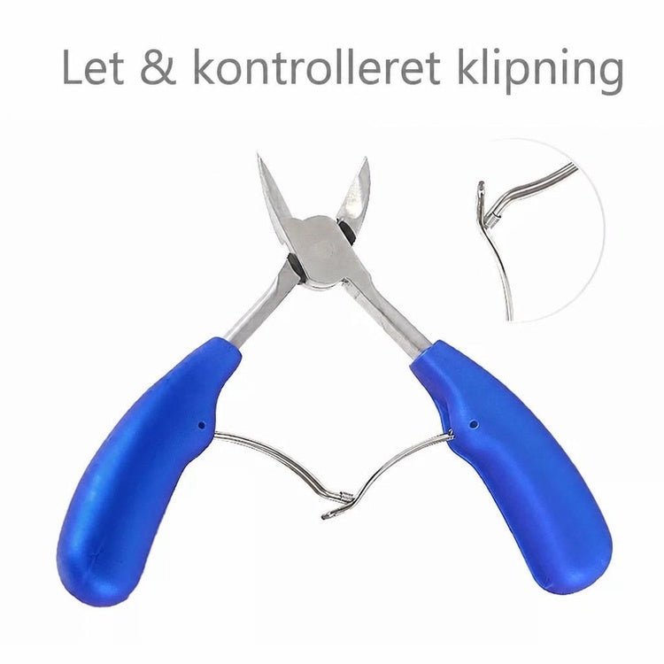 Nageltang i rustfrit stål med blå håndtag og fjederbøjle