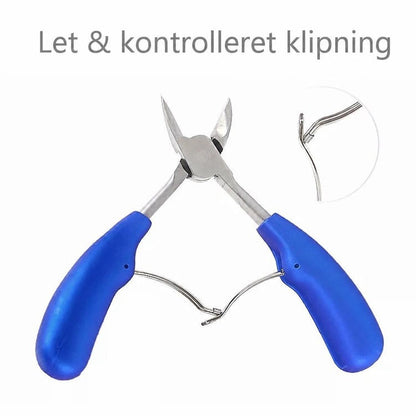 Nageltang i rustfrit stål med blå håndtag og fjederbøjle
