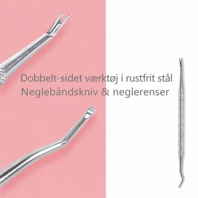 Dobbeltendet negleværktøj i rustfrit stål med neglebåndskniv og renser