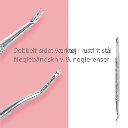 Dobbeltendet negleværktøj i rustfrit stål med neglebåndskniv og renser