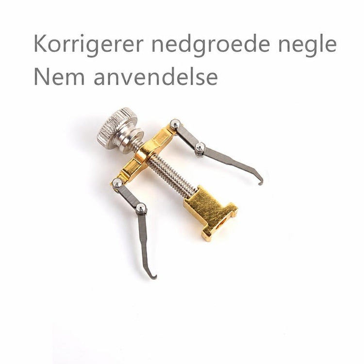 Korrigeringsskrue til nedgroede negle i guld- og sølvfarvet metal