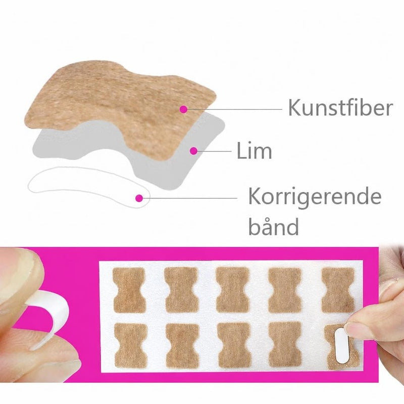 Ark med brune korrigerende negletape og lagdiagram med lim og kunstfiber