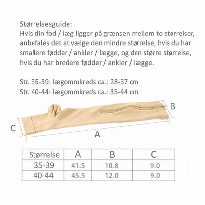 Størrelsesguide for beige støttestrømpe med åben tå, lynlås og måletabel