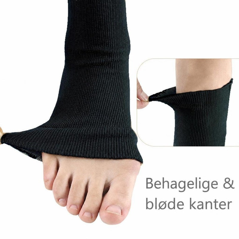 Sort støttestrømpe med åben tå og blød, elastisk kant