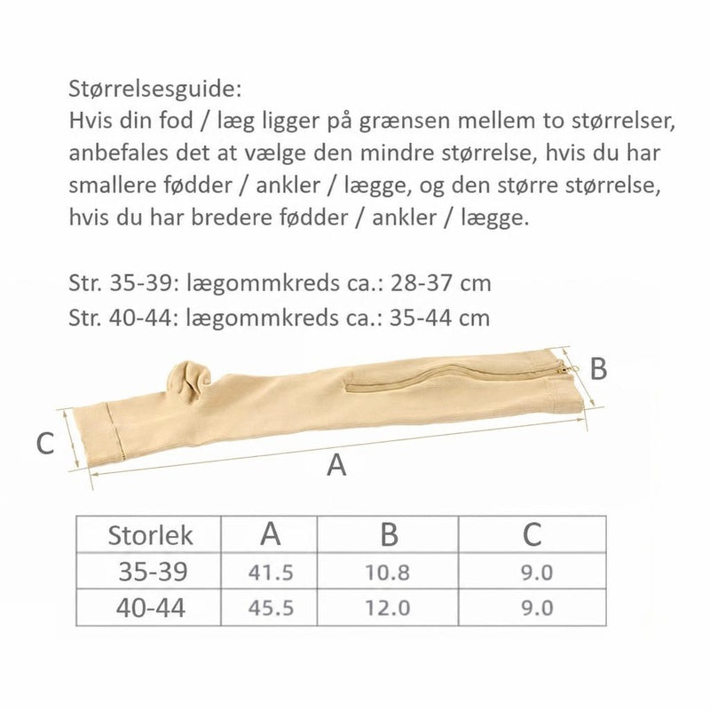 Beige støttestrømpe med åben tå, lynlås og størrelsesguide