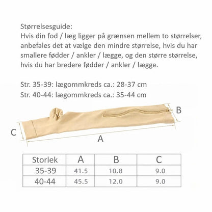 Beige støttestrømpe med åben tå, lynlås og størrelsesguide