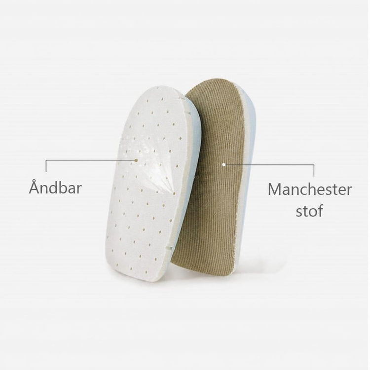 To hælindlæg til hælspore med hvid perforering og beige manchesterstof