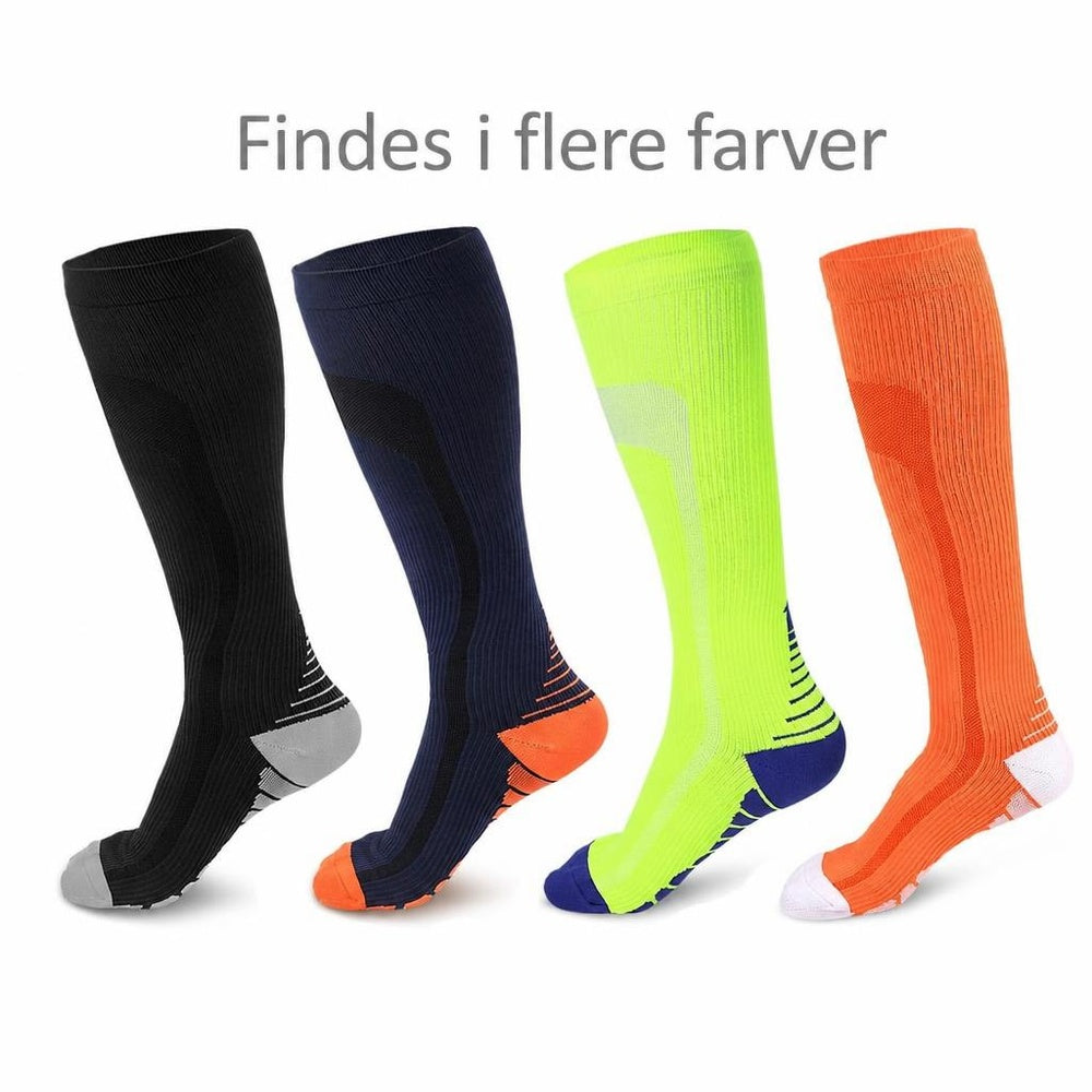 Fire knæhøje støttestrømper i sort, blå, neongul og orange