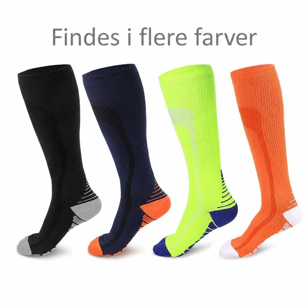 Støttestrømper i sort, navy, neongul og orange med hvid tå