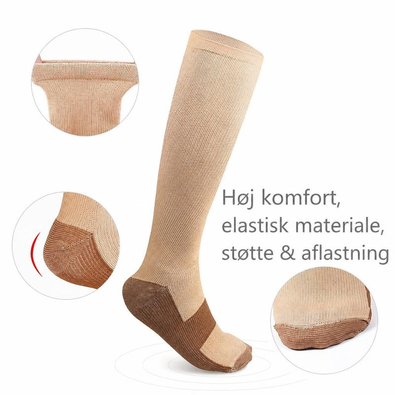 Beige og brun støttestrømpe med ribstrik og forstærket tå og hæl