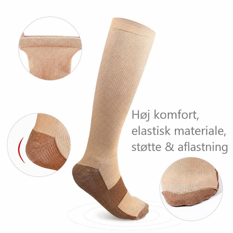 Beige og brun knælang støttestrømpe med forstærket hæl og tå