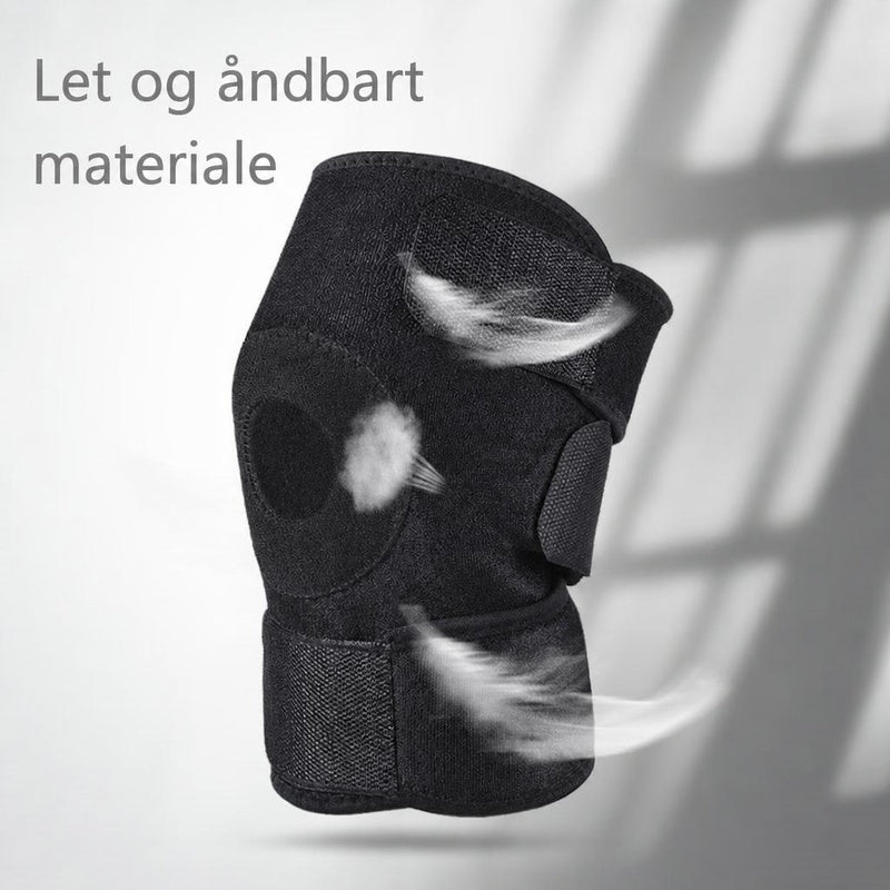 Sort knæstøtte med stropper, knæpude og tekst om åndbart materiale
