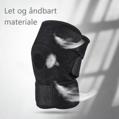 Sort knæstøtte med stropper, knæpude og tekst om åndbart materiale