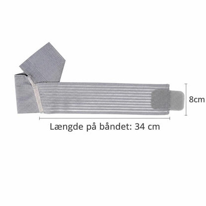 Grå elastisk ankelstøtte med rem, vist med længde 34 cm og bredde 8 cm