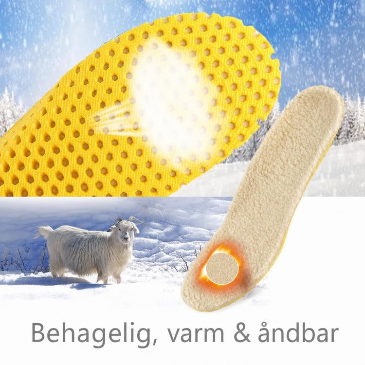Varme skoinlæg med syntetisk uld og gul, perforeret underside